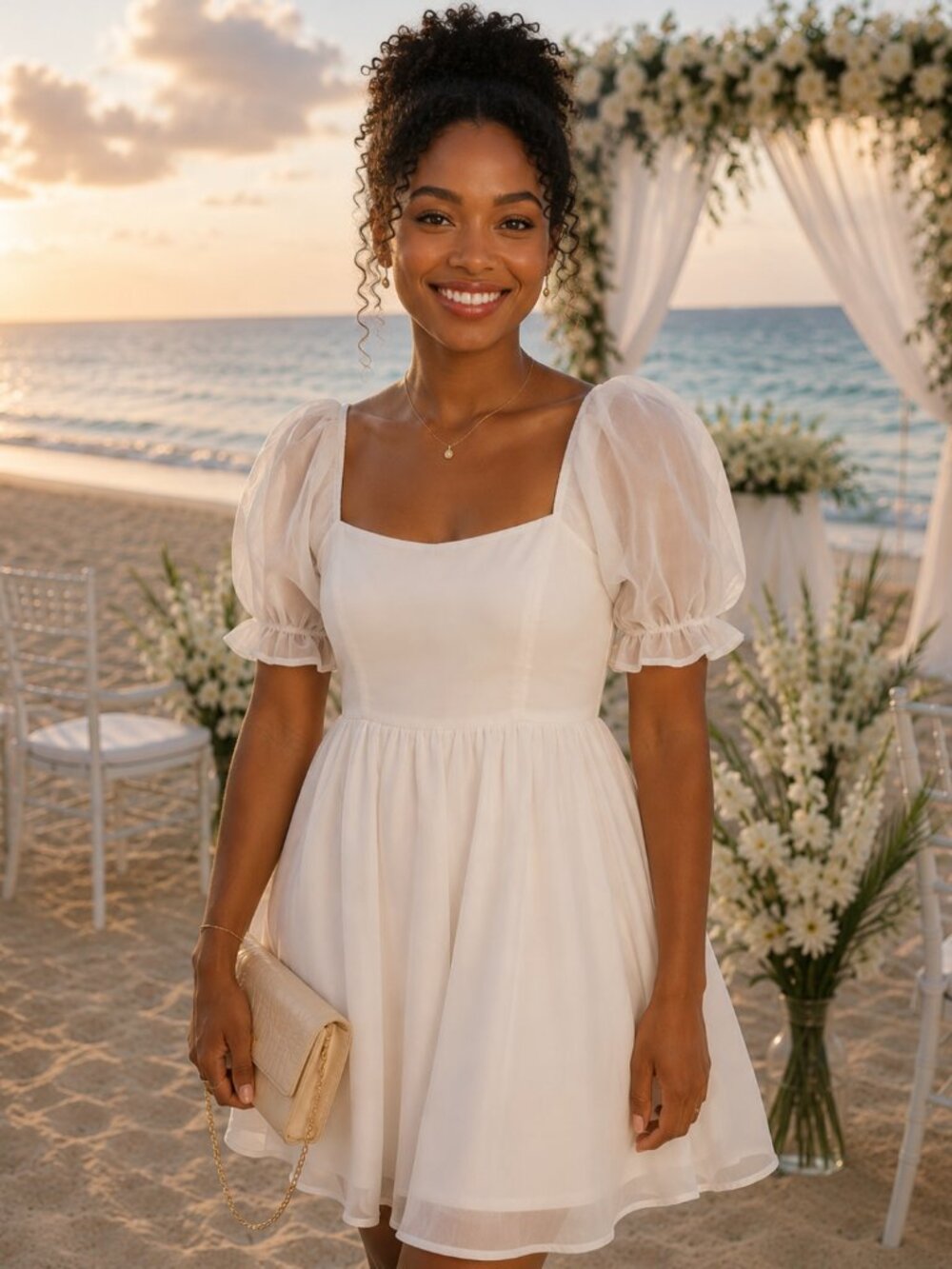 White Midi Dress with Iridescent Overlay - X-Small